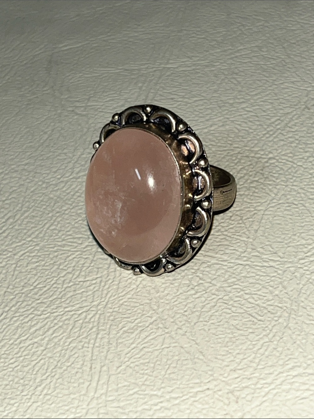 Pink Rose Quartz 925 Cabochon Ring with Decorative Silver Setting